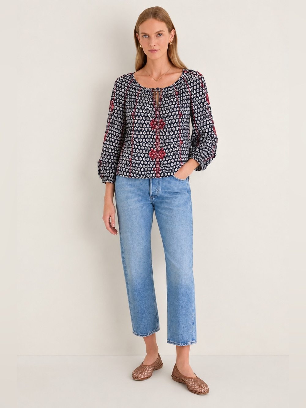 J.Crew Embroidered Floral Peasant Blouse – Size 8 Long Sleeve Cotton 243